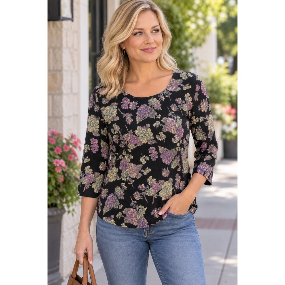 French Laundry Floral Blouse Women's Large Black Purple 3/4 Sleeve Top